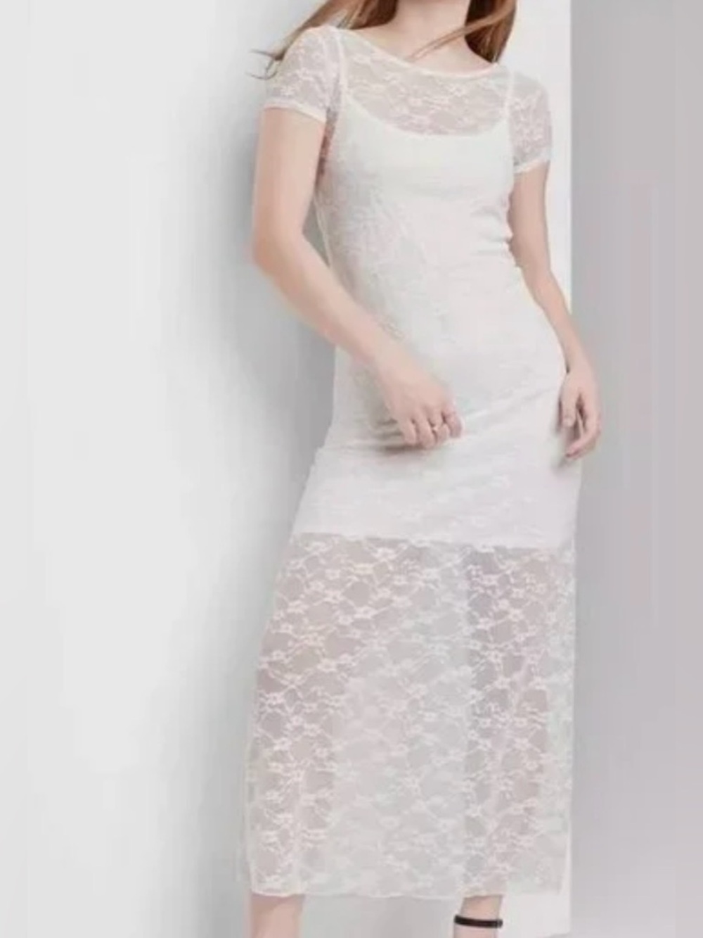 wild fable White Lace Short-Sleeve Maxi Dress